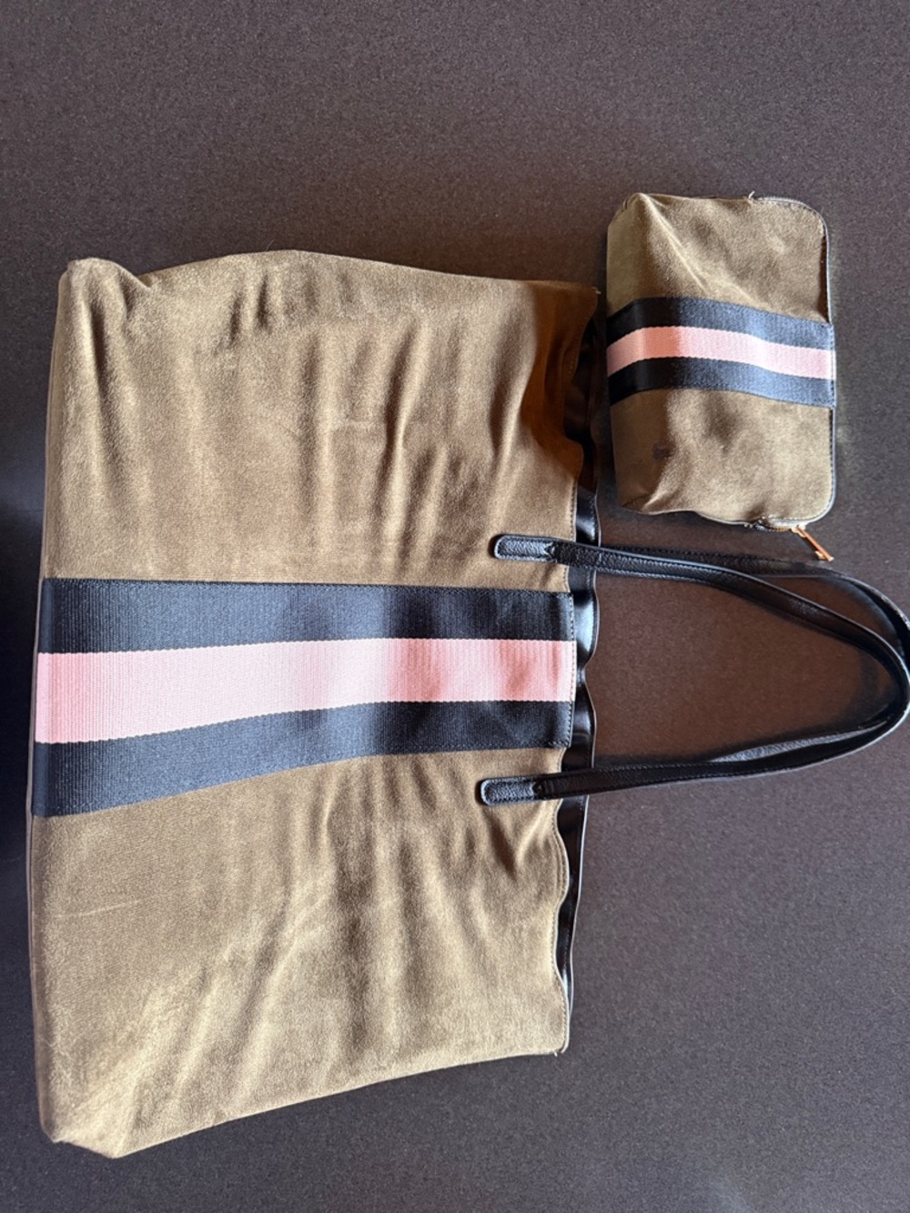 NEIMAN Marcus Tote Bag with Matching Pouch - Olive, Black & Pink Stripe